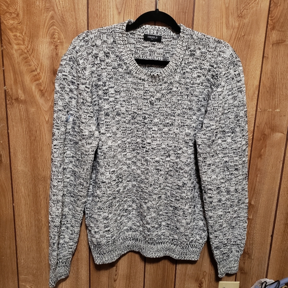 Men Gray Black Basket Weave Pullover Sweater Med Thick Knit Cabincore